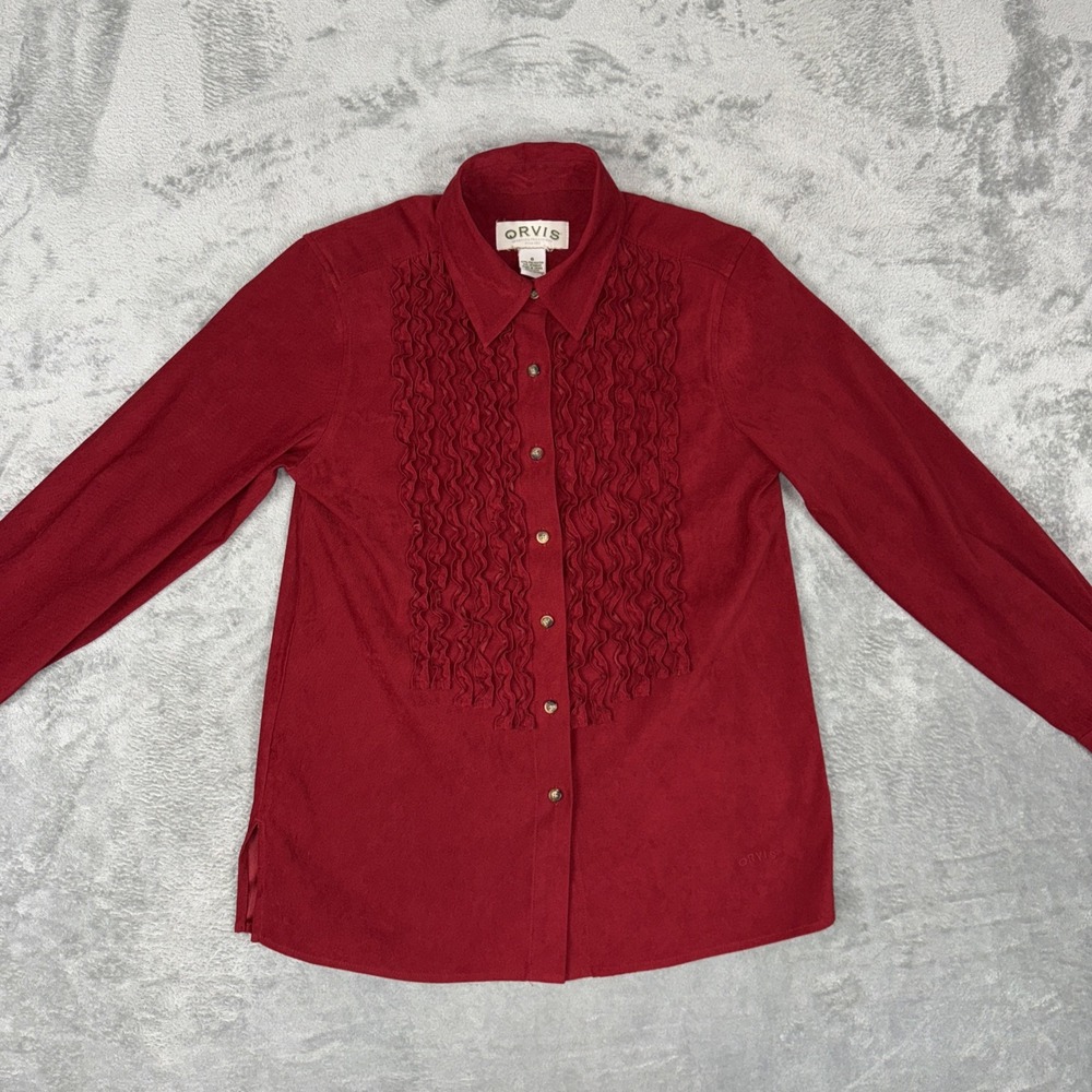 Orvis Tuxedo Ruffle Blouse Sz 6 Sueded Polyester Button Up Rodeo Red - Picture 6 of 10